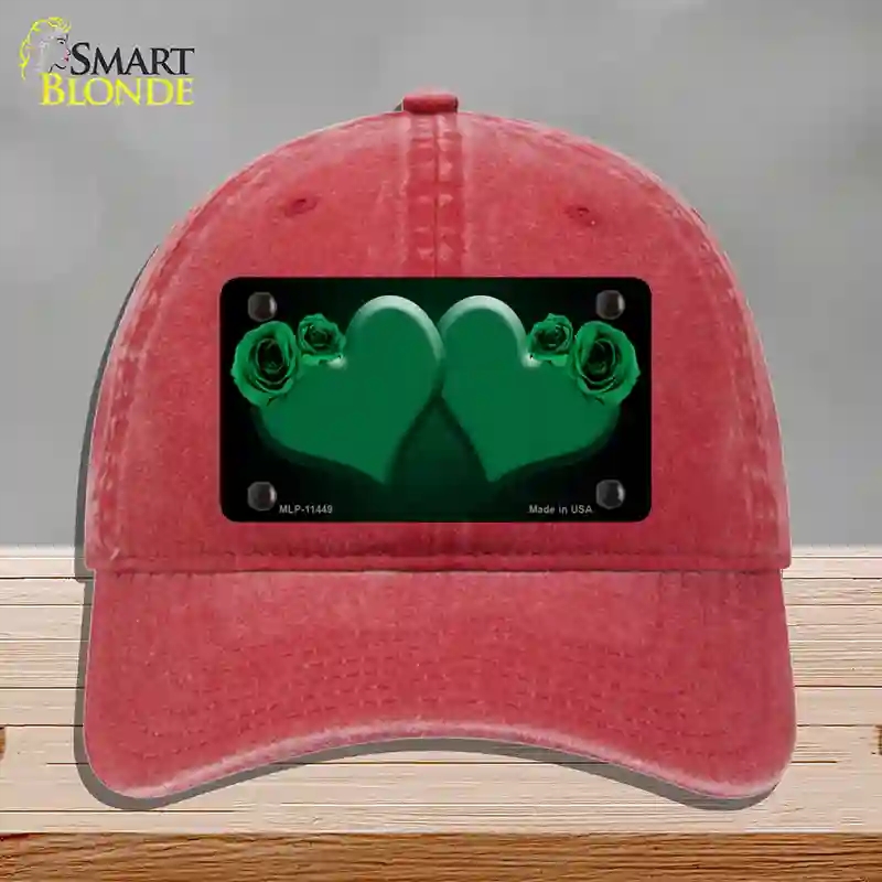 HAT13-MLP-11449 Hearts Over Roses in Green Novelty License Plate Hat, Unconstructed Cotton - Red