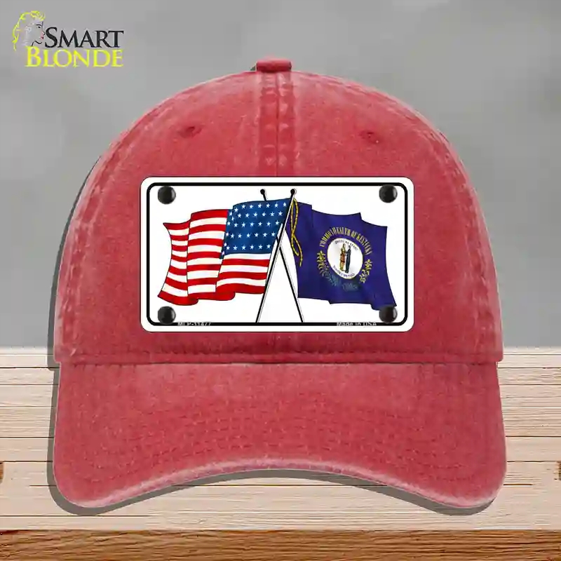 HAT13-MLP-11477 Kentucky Crossed US Flag Novelty License Plate Hat, Unconstructed Cotton - Red