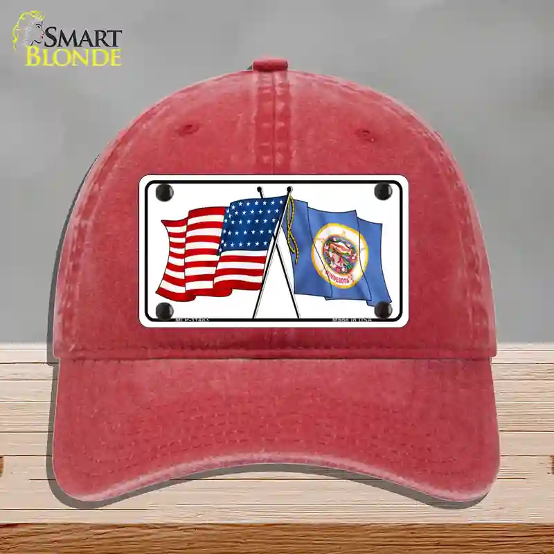 HAT13-MLP-11483 Minnesota Crossed US Flag Novelty License Plate Hat, Unconstructed Cotton - Red