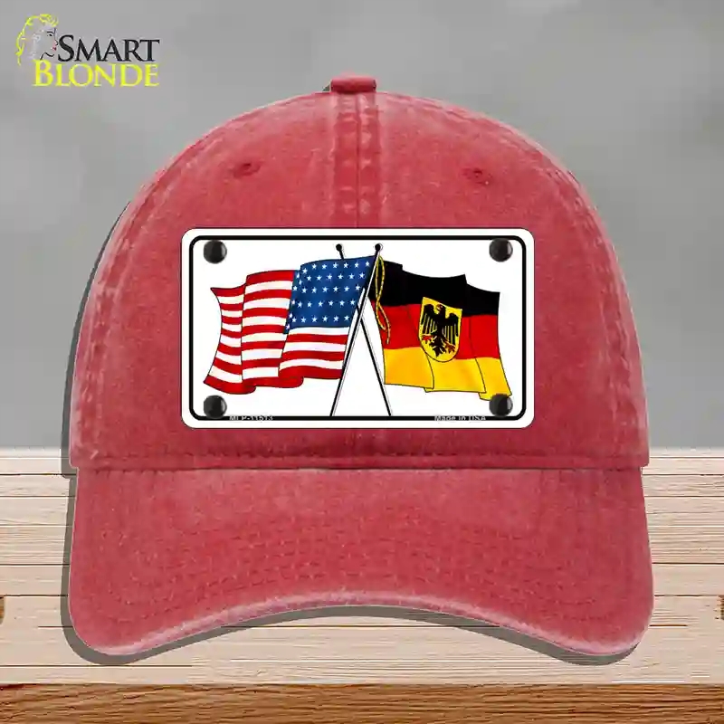 HAT13-MLP-11513 Germany Crossed US Flag Novelty License Plate Hat, Unconstructed Cotton - Red