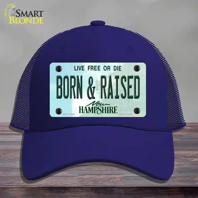 HAT18-MLP-11169 Born & Raised   Hampshire State Novelty License Plate Hat, Mesh - Royal Blue