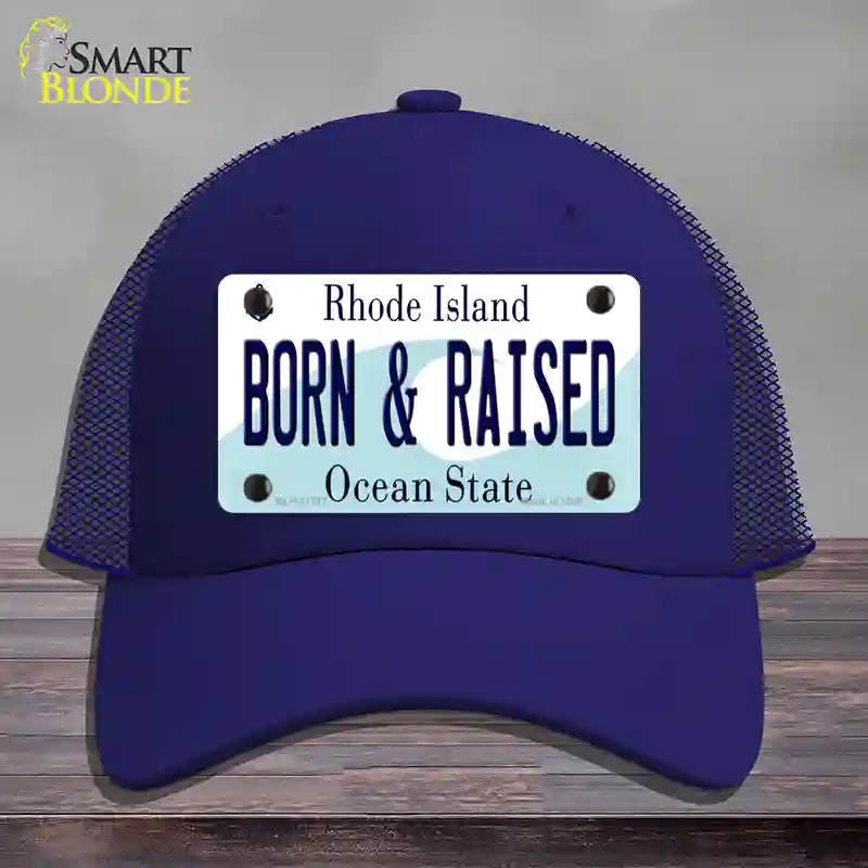 HAT18-MLP-11217 Born & Raised Rhode Island State Novelty License Plate Hat, Mesh - Royal Blue