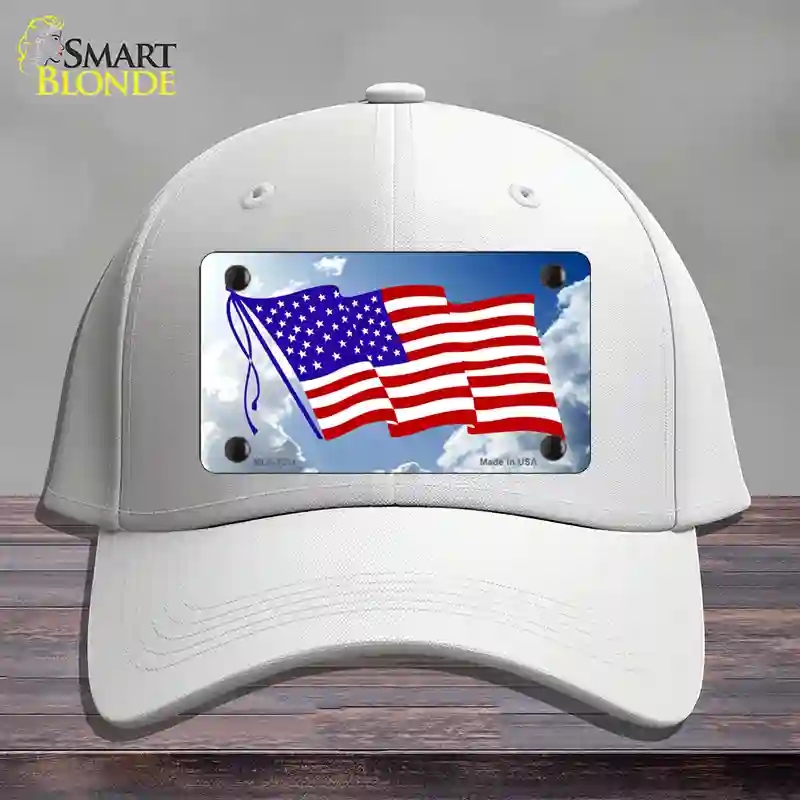 HAT21-MLP-1211 American Flag Cloud Novelty License Plate Hat, Cotton - White