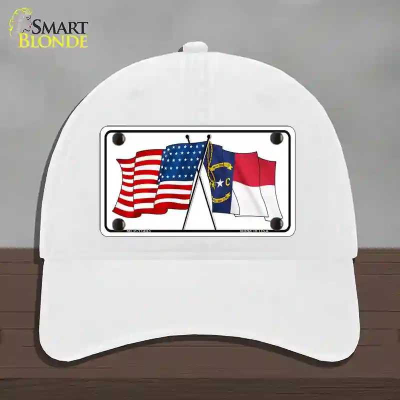 HAT14-MLP-11493 North Carolina Crossed US Flag Novelty License Plate Hat, Unconstructed Cotton - White