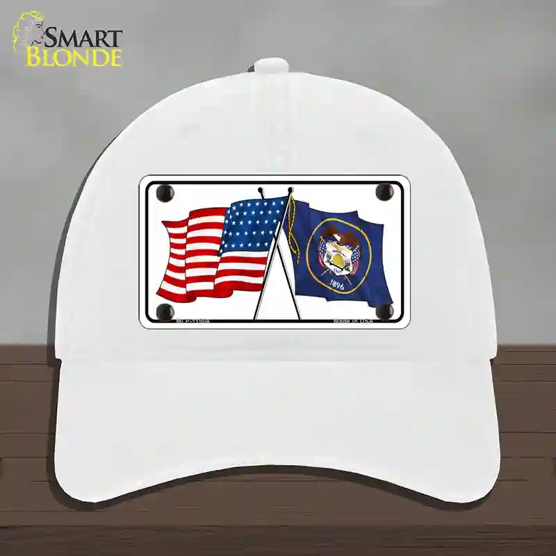 HAT14-MLP-11504 Utah Crossed US Flag Novelty License Plate Hat, Unconstructed Cotton - White