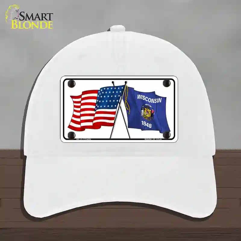 HAT14-MLP-11509 Wisconsin Crossed US Flag Novelty License Plate Hat, Unconstructed Cotton - White