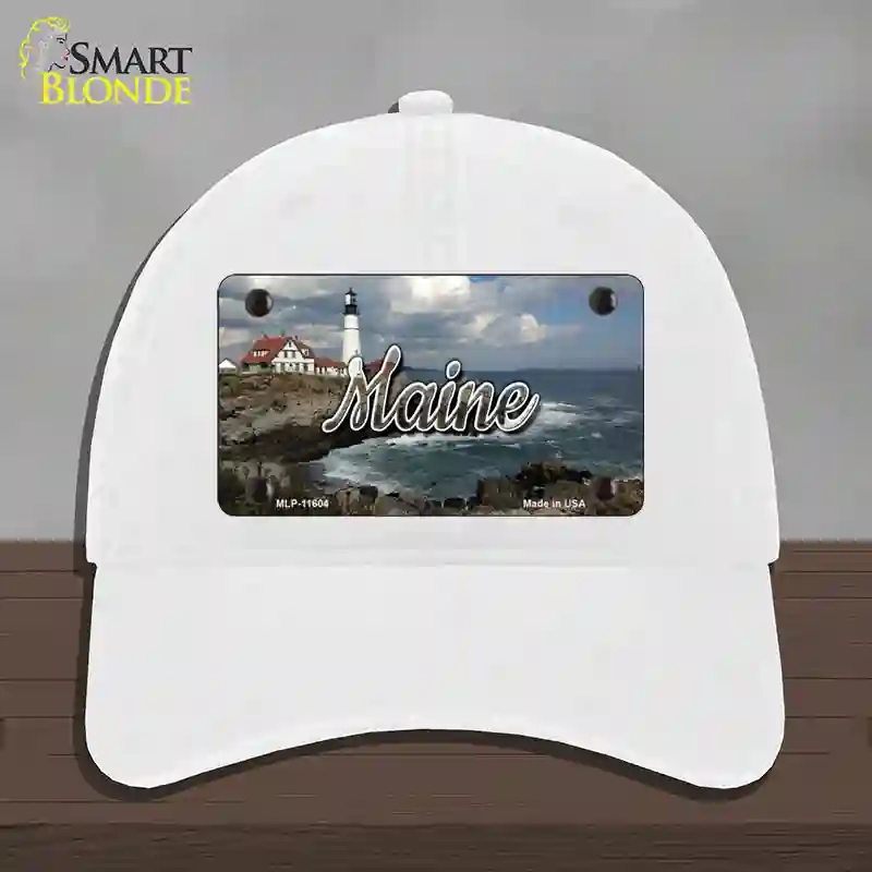 HAT14-MLP-11604 Maine Lighthouse Beach State Novelty License Plate Hat, Unconstructed Cotton - White