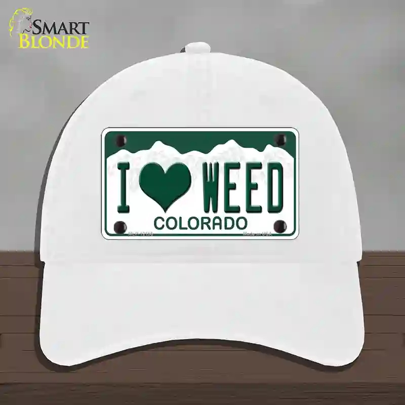 HAT14-MLP-12156 I Love Weed Colorado Novelty License Plate Hat, Unconstructed Cotton - White