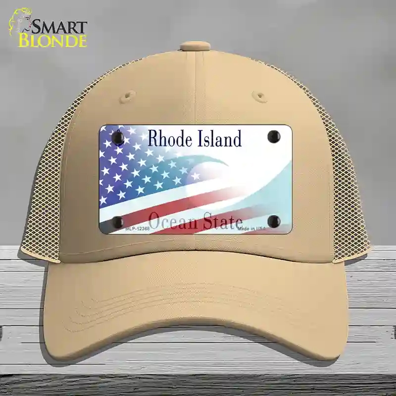 HAT15-MLP-12368 Rhode Island with American Flag Novelty License Plate Hat, Mesh - Khaki