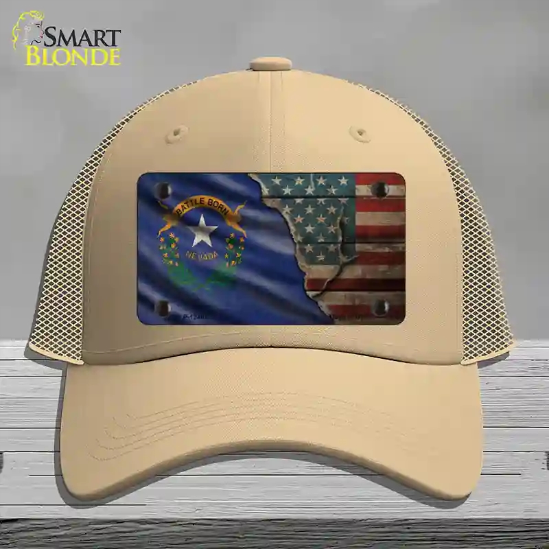 HAT15-MLP-12407 Nevada & American Flag Novelty License Plate Hat, Mesh - Khaki