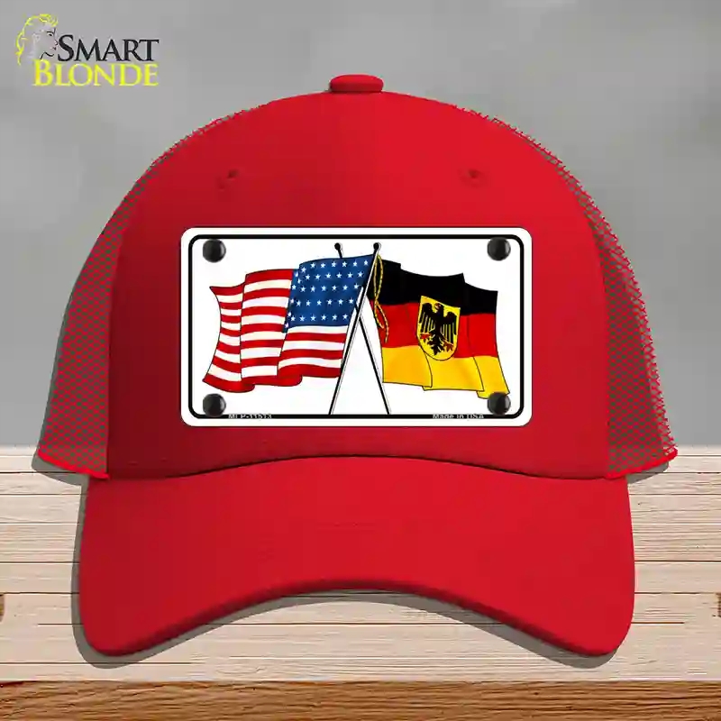 HAT17-MLP-11513 Germany Crossed US Flag Novelty License Plate Hat, Mesh - Red