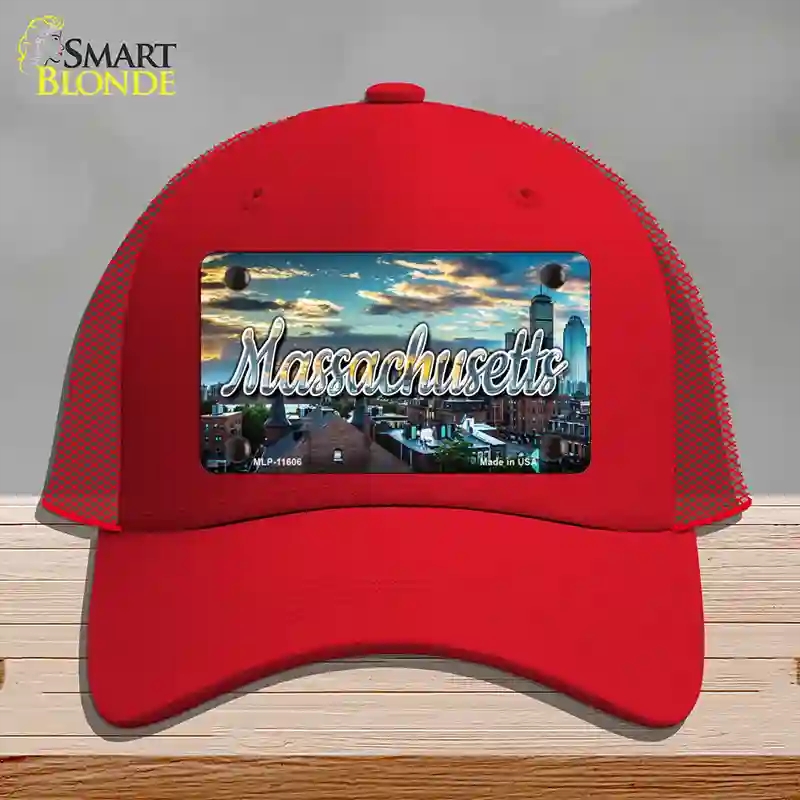 HAT17-MLP-11606 Massachusetts Sunset Skyline State Novelty License Plate Hat, Mesh - Red