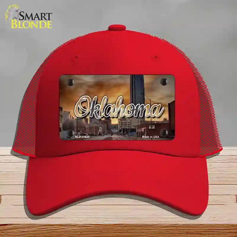 HAT17-MLP-11624 Oklahoma Sunset Skyline State Novelty License Plate Hat, Mesh - Red
