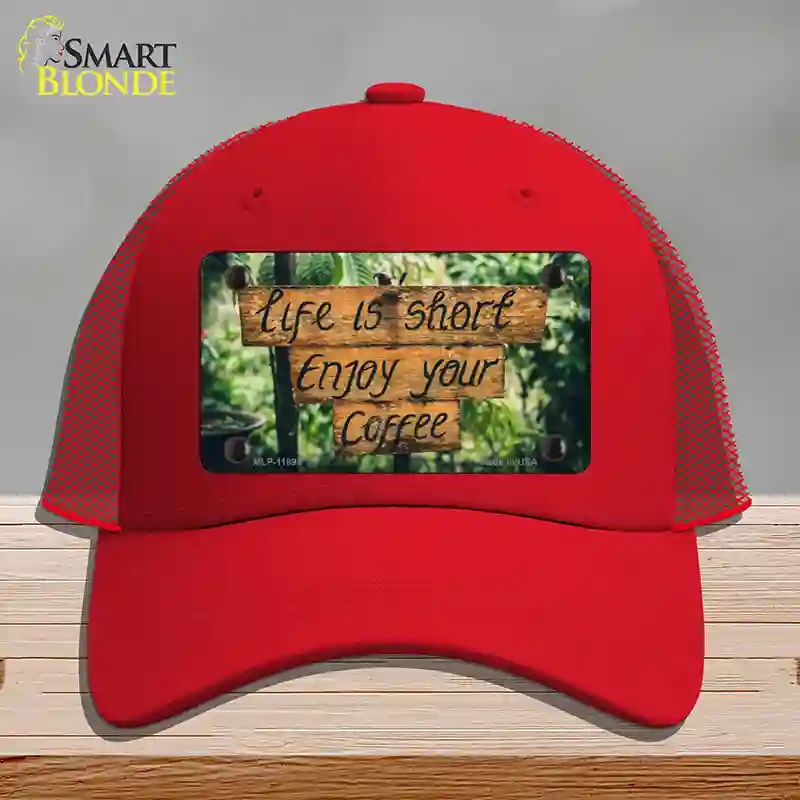 HAT17-MLP-11895 Enjoy Your Coffee Novelty License Plate Hat, Mesh - Red