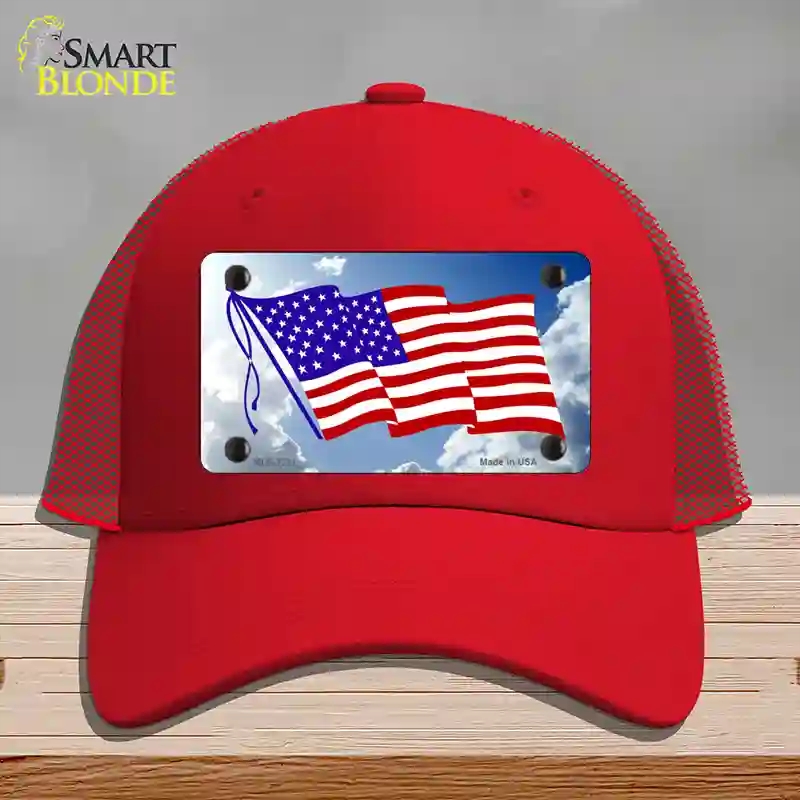 HAT17-MLP-1211 American Flag Cloud Novelty License Plate Hat, Mesh - Red