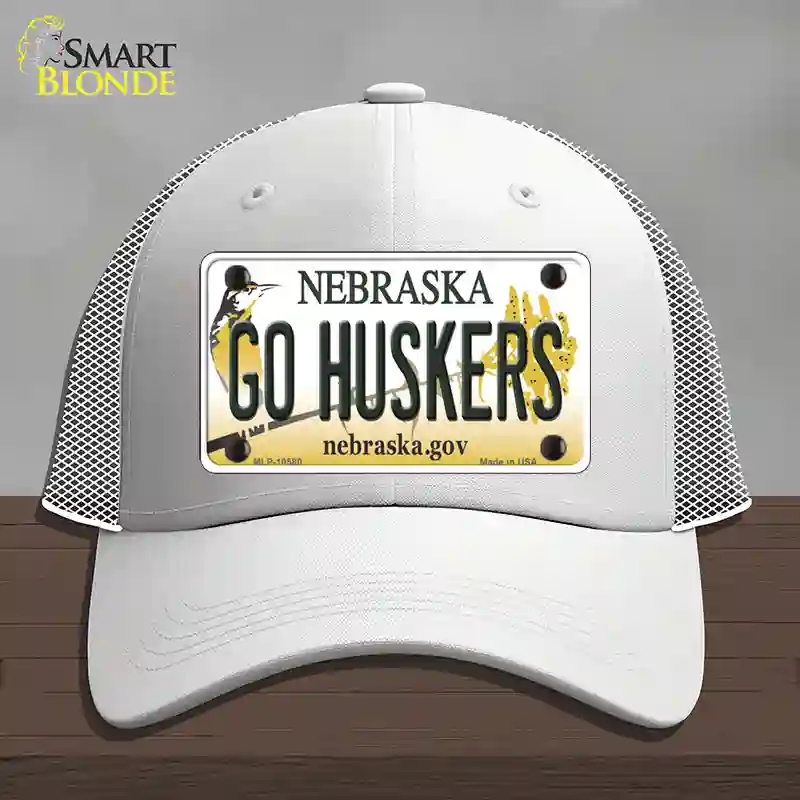 HAT19-MLP-10580 Go Huskers Nebraska Novelty License Plate Hat, Mesh - White