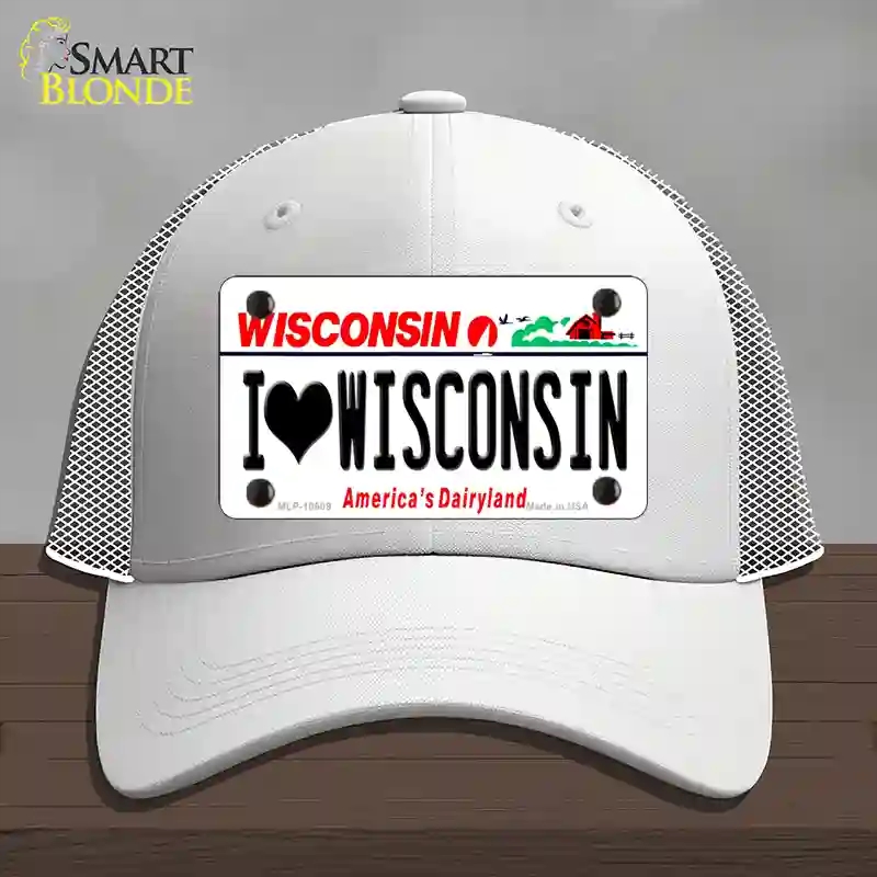 HAT19-MLP-10609 I Love Wisconsin Novelty License Plate Hat, Mesh - White