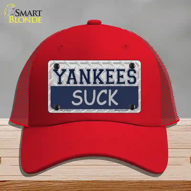 HAT17-MLP-1123 Yankees Suck Novelty License Plate Hat, Mesh - Red