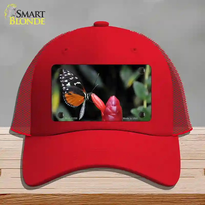 HAT17-MLP-11235 Butterfly on Red Flower Novelty License Plate Hat, Mesh - Red
