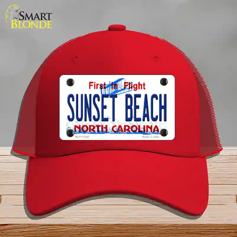 HAT17-MLP-11247 Sunset Beach North Carolina State Novelty License Plate Hat, Mesh - Red