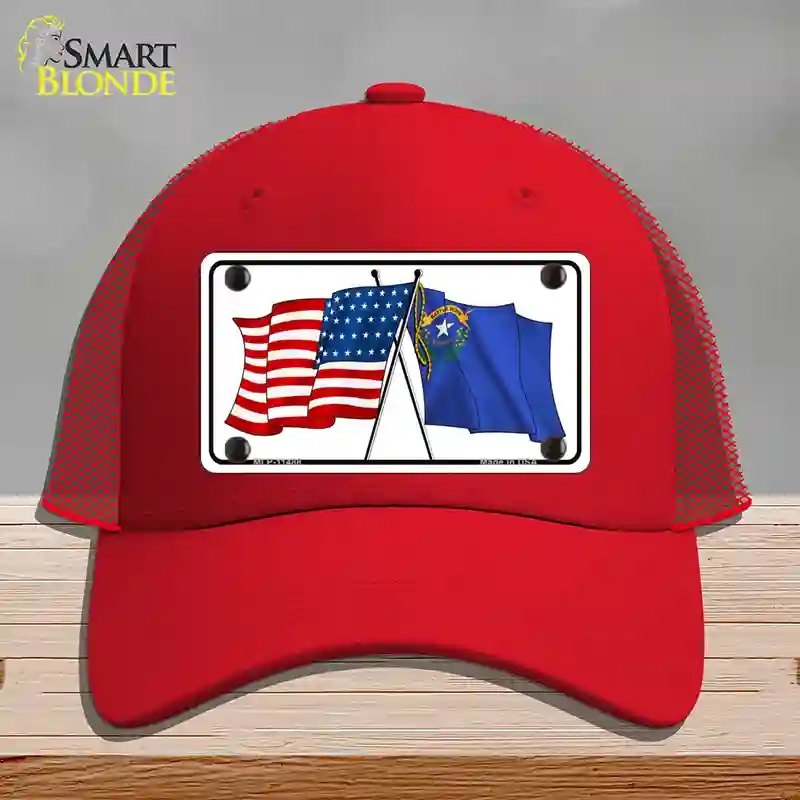 HAT17-MLP-11488 Nevada Crossed US Flag Novelty License Plate Hat, Mesh - Red