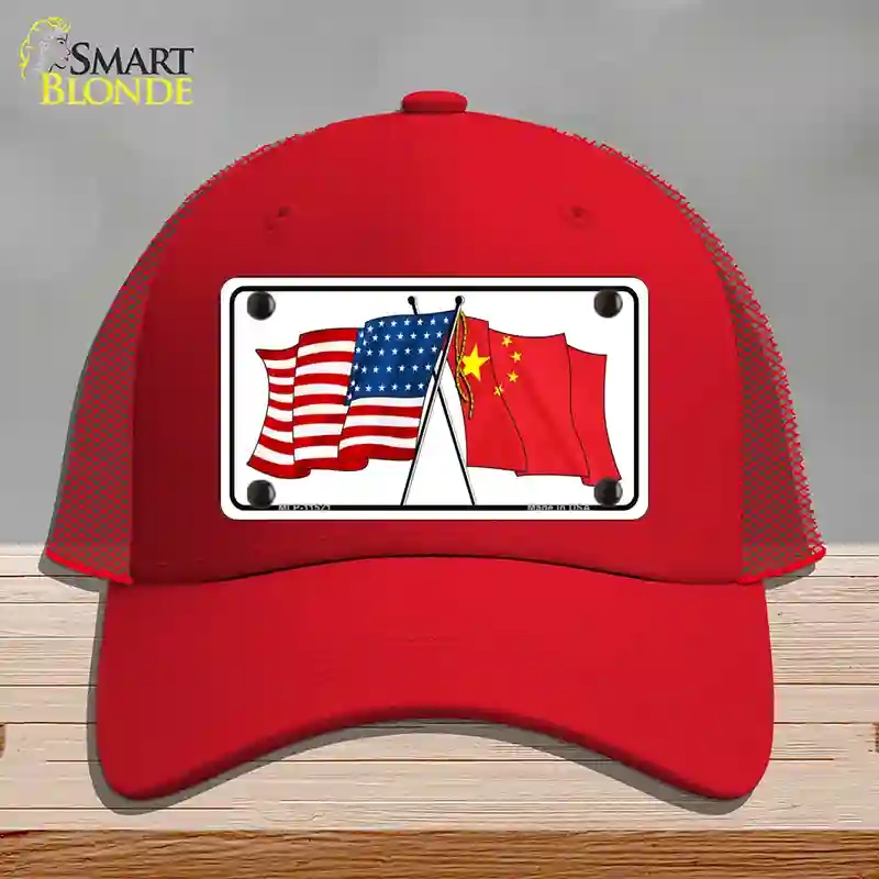 HAT17-MLP-11521 China Crossed US Flag Novelty License Plate Hat, Mesh - Red