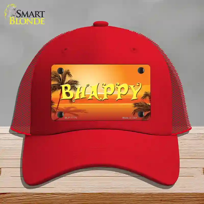 HAT17-MLP-11775 Be Happy Beach Scene Novelty License Plate Hat, Mesh - Red