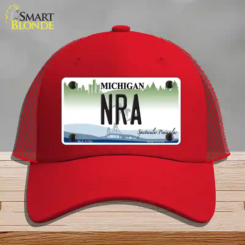 HAT17-MLP-11782 NRA Michigan Novelty License Plate Hat, Mesh - Red