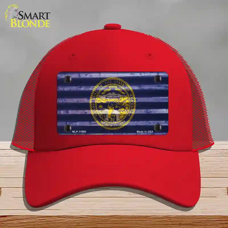HAT17-MLP-11968 Nebraska Corrugated Flag Novelty License Plate Hat, Mesh - Red