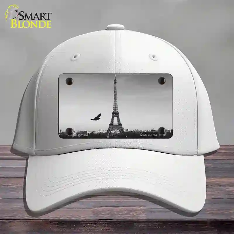HAT21-MLP-11254 Eiffel Tower Black & White with Bird Novelty License Plate Hat, Cotton - White