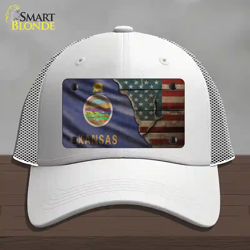 HAT19-MLP-12395 Kansas & American Flag Novelty License Plate Hat, Mesh - White