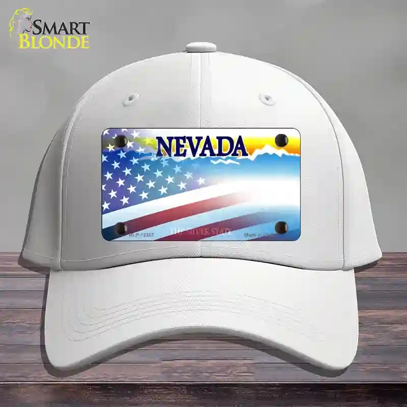 HAT21-MLP-12357 Nevada with American Flag Novelty License Plate Hat, Cotton - White