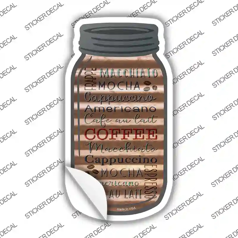 MJ-392s-S Coffee Words Corrugated Brown Novelty Mason Jar Sticker Decal, Small