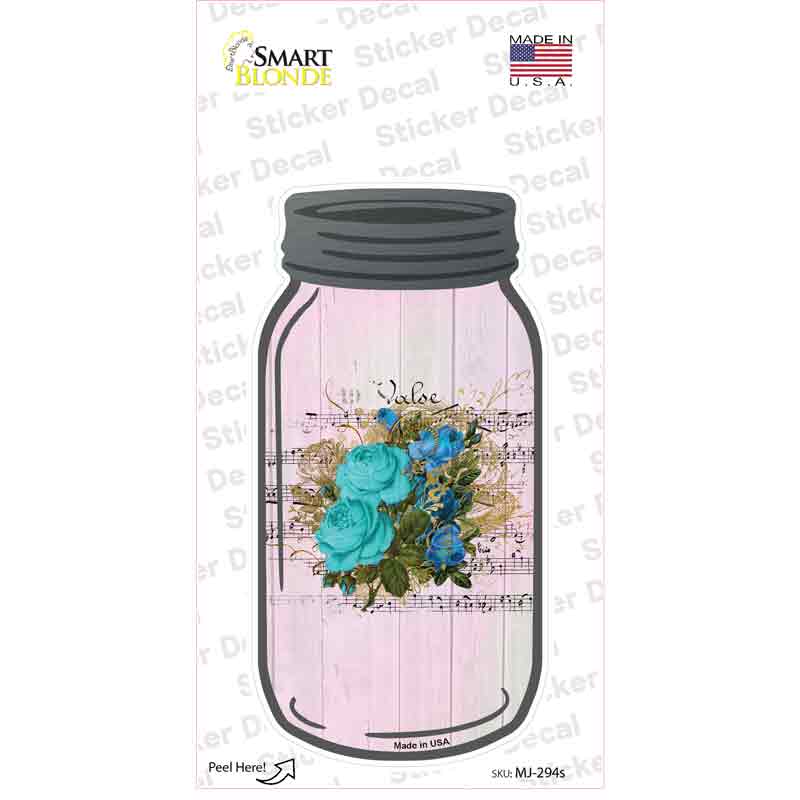 MJ-294s-M Blue Bouquet with Music Novelty Mason Jar Sticker Decal, Medium