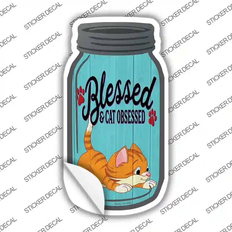 MJ-859s-L Blessed Cat Obsessed Blue Novelty Mason Jar Sticker Decal, Large