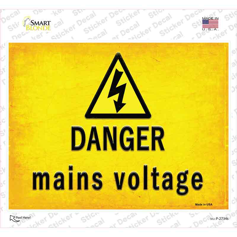 P-2734s-M Danger Mains Voltage Novelty Rectangle Sticker Decal, Medium