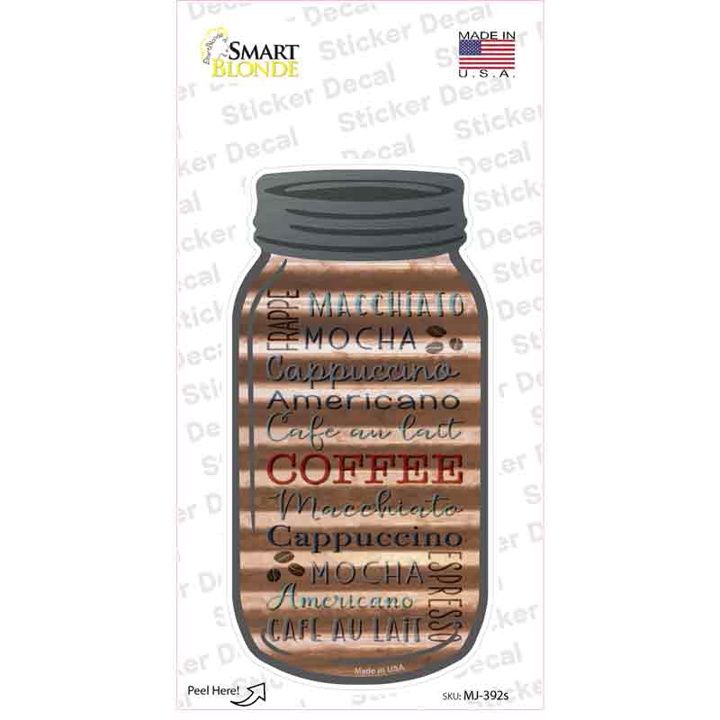 MJ-392s-M Coffee Words Corrugated Brown Novelty Mason Jar Sticker Decal, Medium