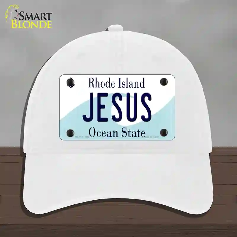 HAT14-MLP-11205 Jesus Rhode Island State Novelty License Plate Hat, Unconstructed Cotton - White