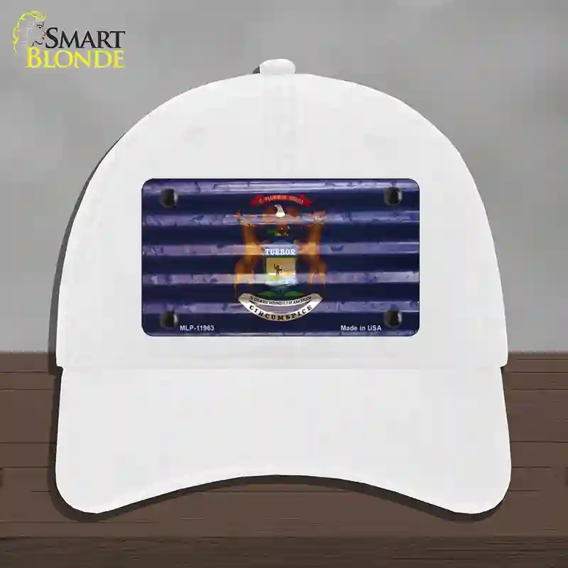 HAT14-MLP-11963 Michigan Corrugated Flag Novelty License Plate Hat, Unconstructed Cotton - White