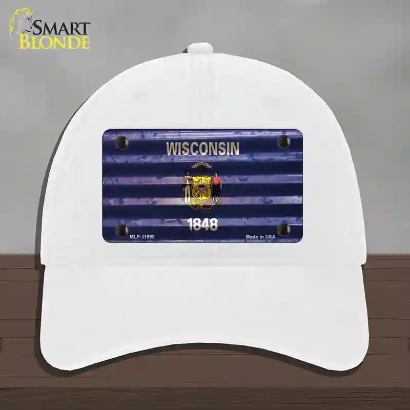 HAT14-MLP-11990 Wisconsin Corrugated Flag Novelty License Plate Hat, Unconstructed Cotton - White