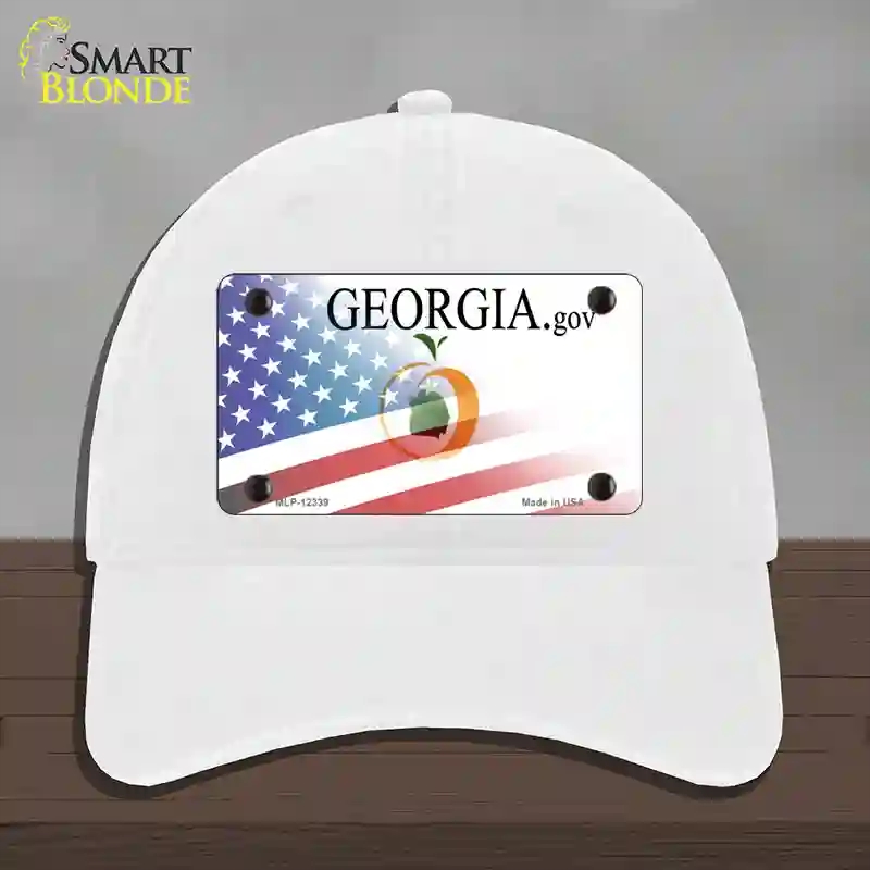 HAT14-MLP-12339 Georgia with American Flag Novelty License Plate Hat, Unconstructed Cotton - White