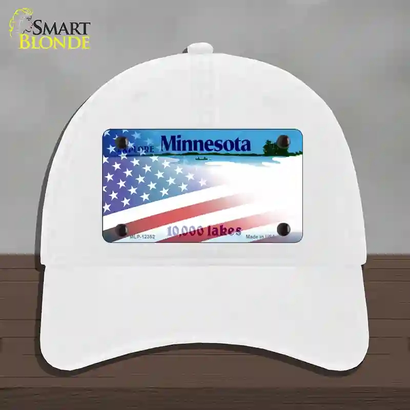 HAT14-MLP-12352 Minnesota with American Flag Novelty License Plate Hat, Unconstructed Cotton - White