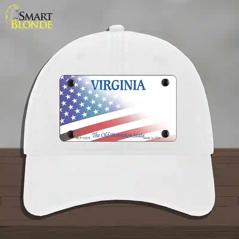 HAT14-MLP-12375 Virginia with American Flag Novelty License Plate Hat, Unconstructed Cotton - White