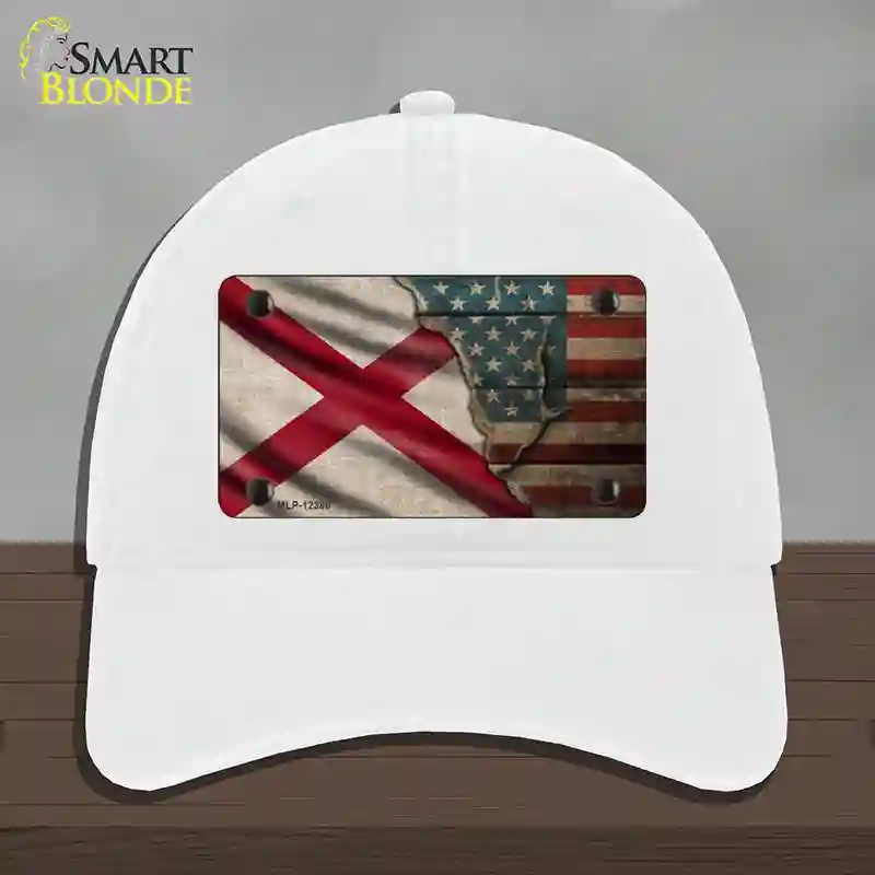 HAT14-MLP-12380 Alabama & American Flag Novelty License Plate Hat, Unconstructed Cotton - White