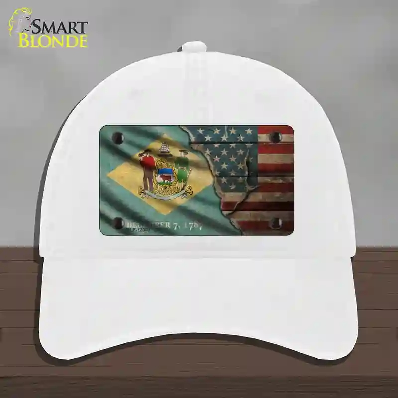 HAT14-MLP-12387 Delaware & American Flag Novelty License Plate Hat, Unconstructed Cotton - White