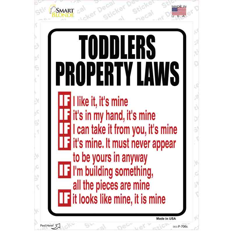 P-706s-M Toddlers Property Laws Novelty Rectangle Sticker Decal, Medium