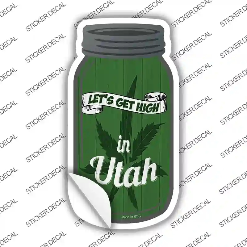MJ-483s-L Get High Utah Green Novelty Mason Jar Sticker Decal, Large