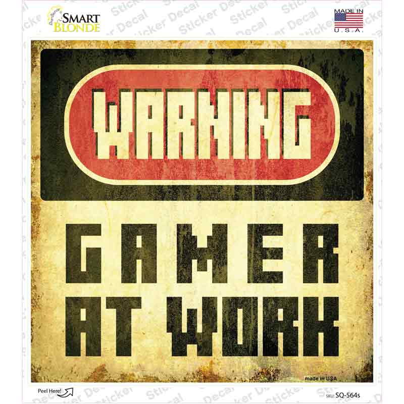 SQ-564s-M Warning Gamer At Work Novelty Square Sticker Decal, Medium
