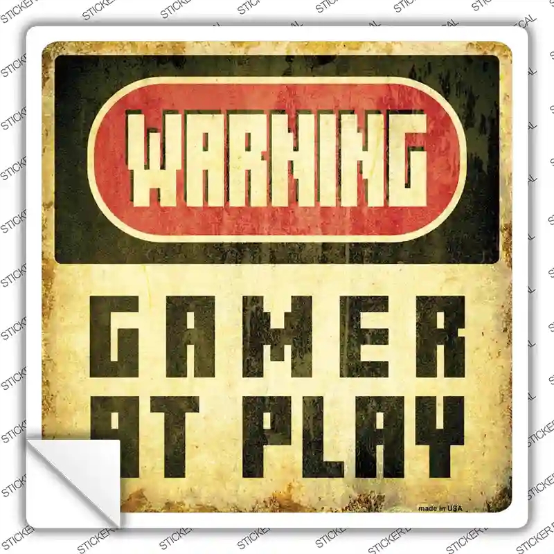 SQ-565s-XL Warning Gamer At Play Novelty Square Sticker Decal, Extra Large
