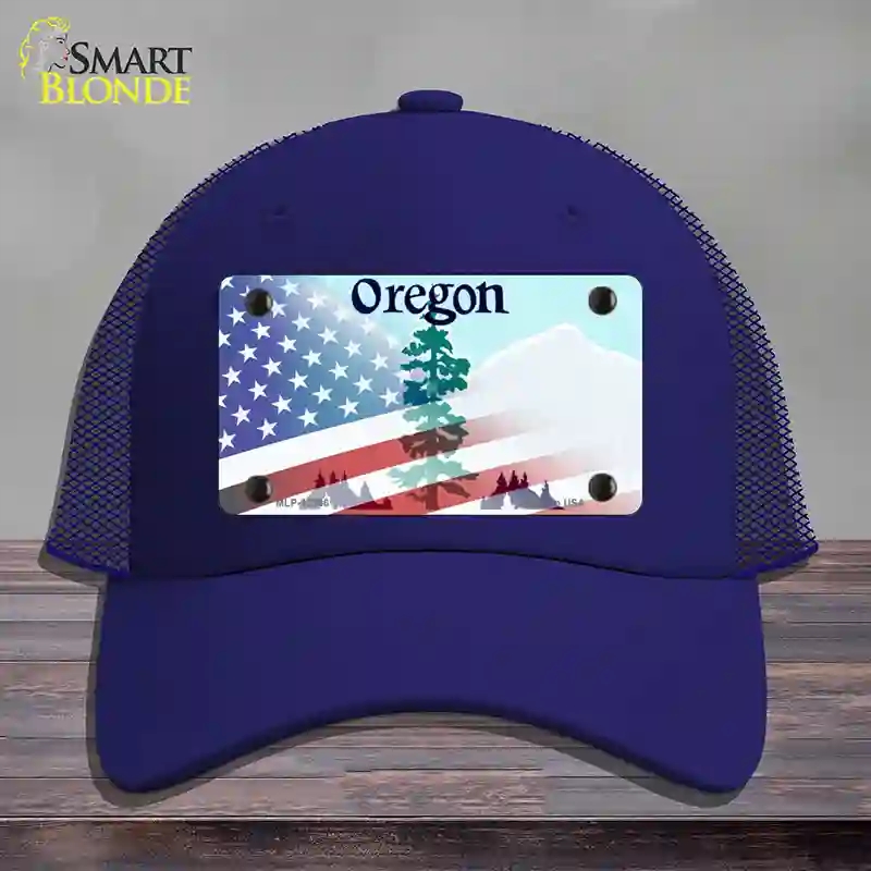 HAT18-MLP-12366 Oregon with American Flag Novelty License Plate Hat, Mesh - Royal Blue